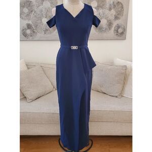 Vince Camuto Rhinestone Belted Cold-Shoulder Ruffle-Waist Sheath Gown size 6